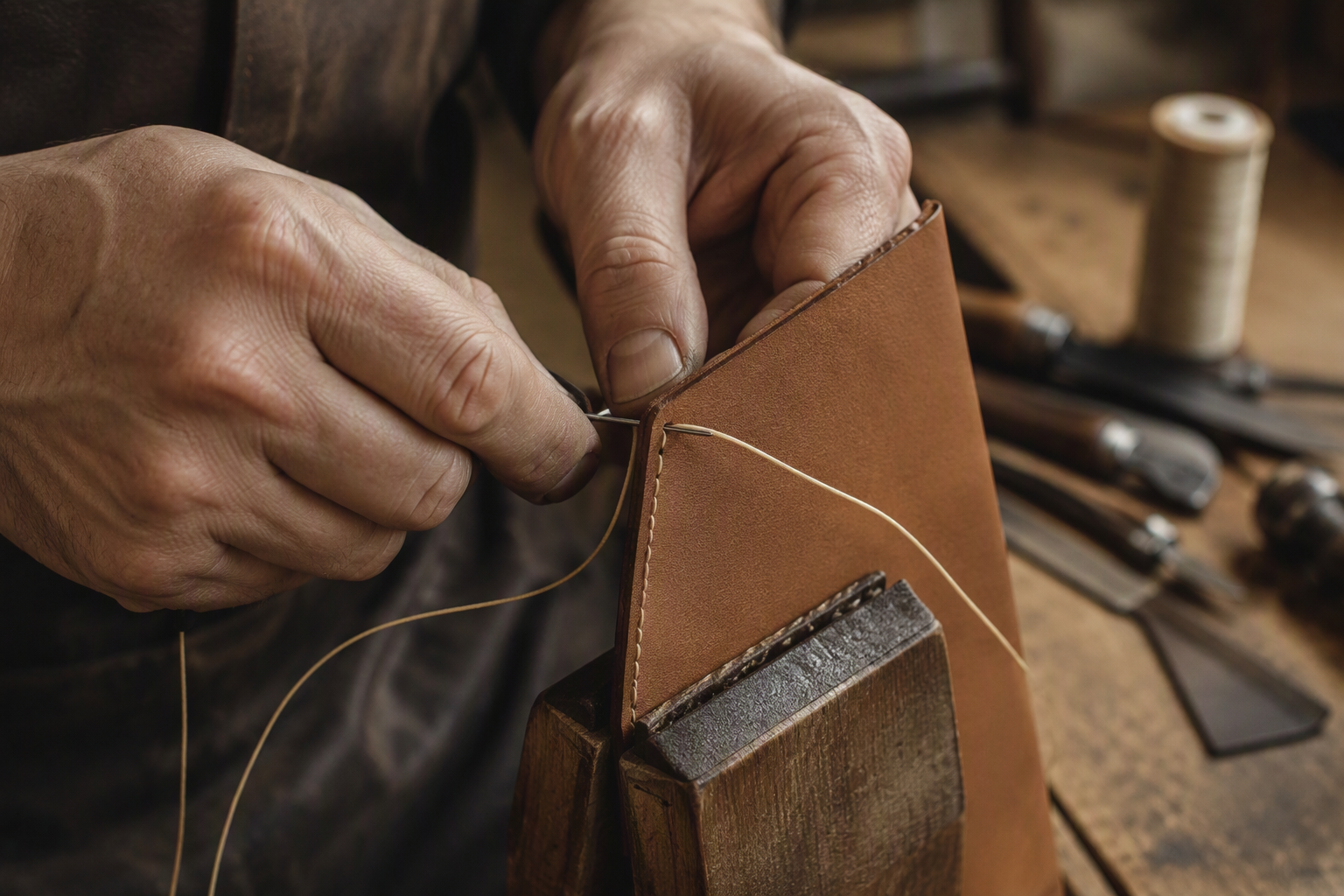 An artisan hand-stitching tan leather with waxed linen thread in a traditional workshop — Hermès craftsmanship
