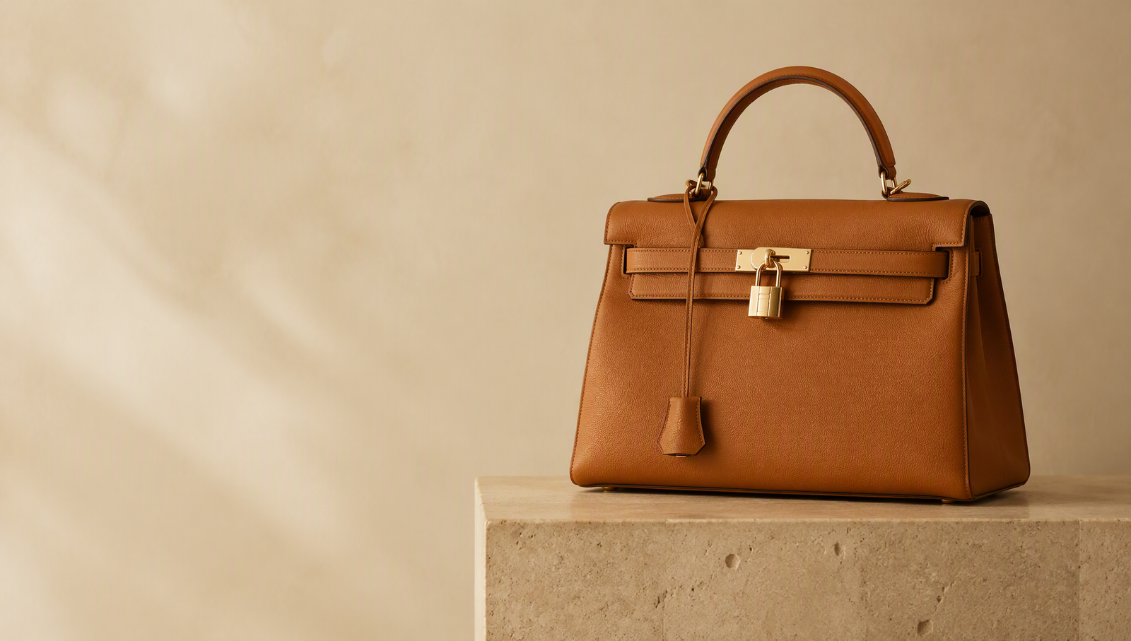 A structured tan leather handbag with gold hardware and padlock on a stone pedestal — why Hermès bags are expensive and hold investment value