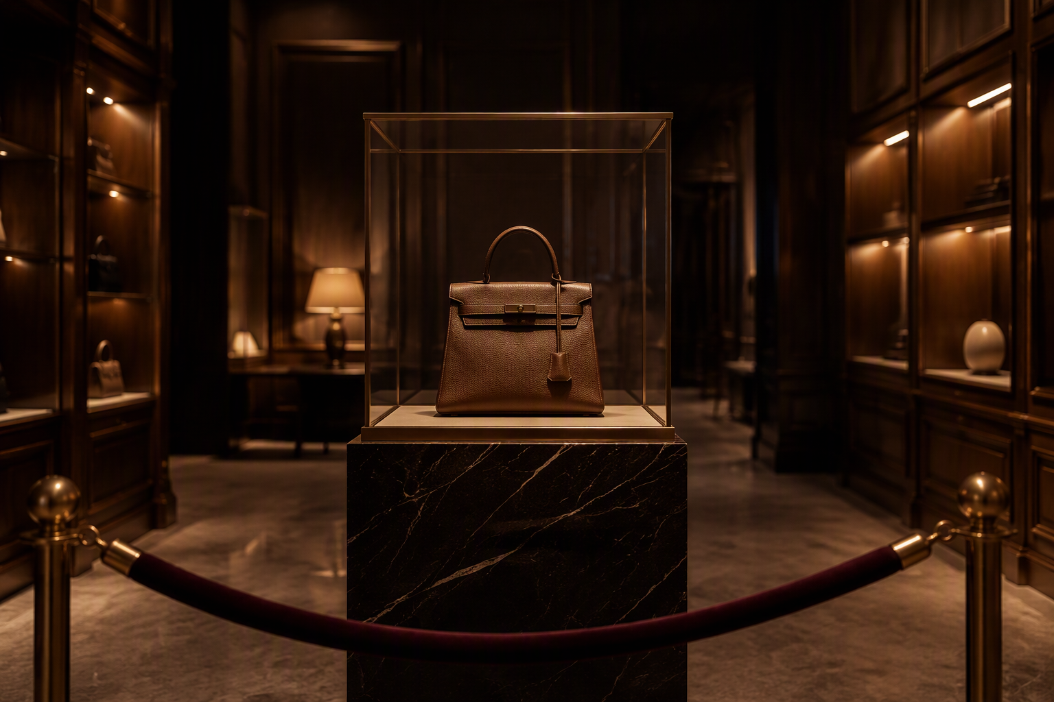 A single leather handbag displayed alone in a glass vitrine inside an exclusive luxury boutique — scarcity drives Hermès prices