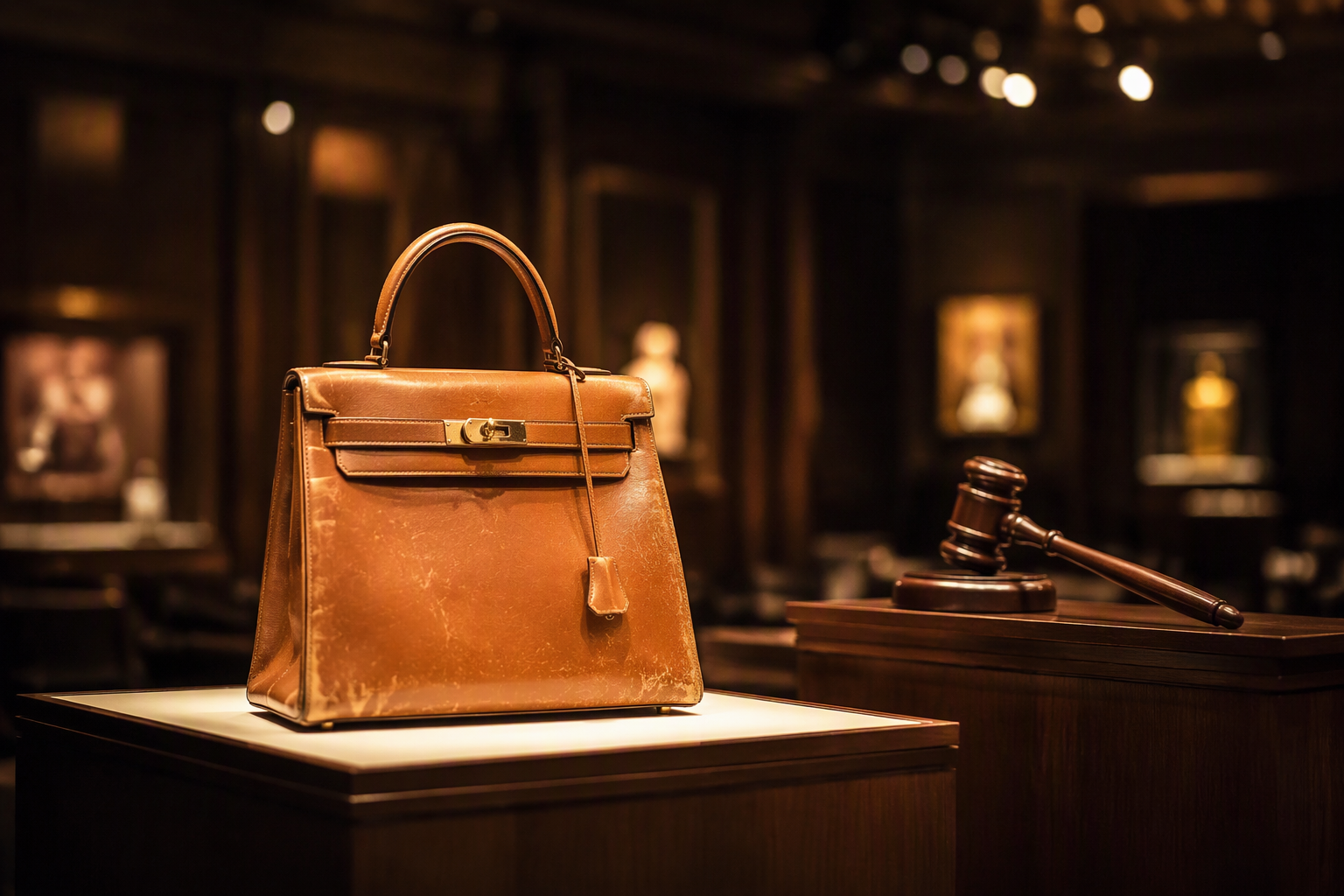 A vintage leather handbag displayed beside an auction gavel in an auction house — Hermès resale value at auction